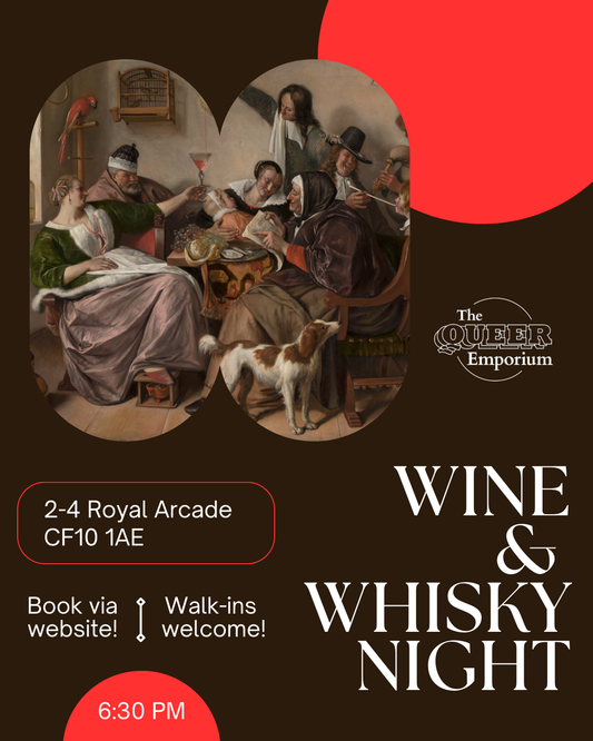 Brown and red background, featuring Renaissance painting of people drinking with the title, 'Sunday Wine Club' underneath. It includes the time the event begins (18:30) and the address (The Queer Emporium, 2-4 Royal Arcade, CF10 1AE). The date of this event is the 18/05/2025.